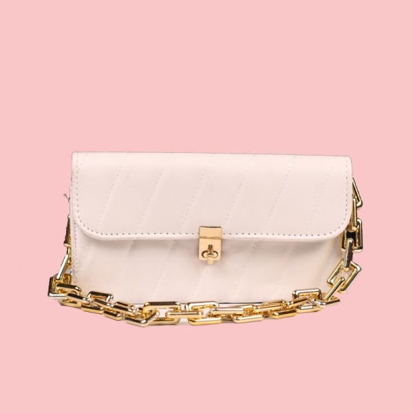 Ladies Hand Bag - White with Golden Chain