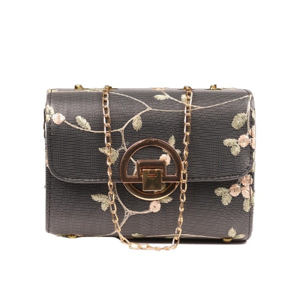 Ladies Hand Bag - Black with Flower Design